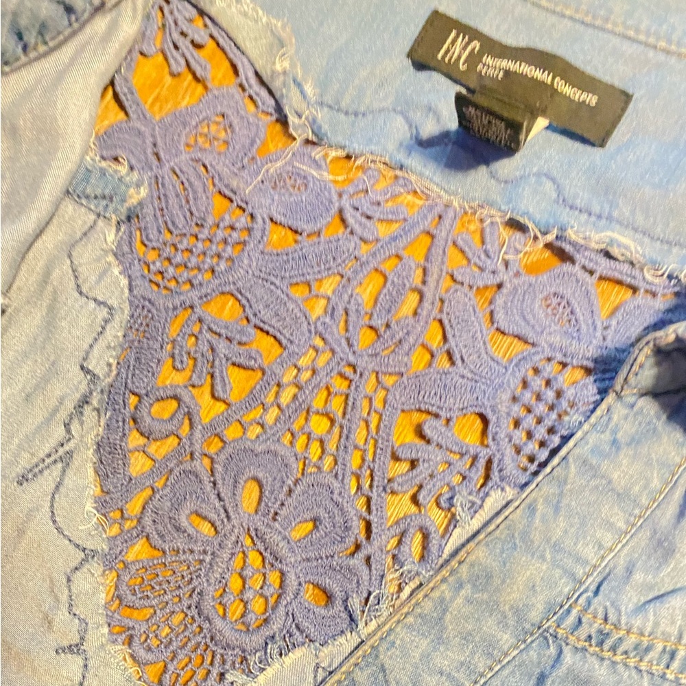 Petite Denim-Style Button-Down Dress Lace Back